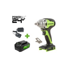 Гайковерт ударный GreenWorks GD24IW400, 24V, б/щет, 0-2800об/мин, 4000уд/мин, 1/2'', 400Нм, 1x4Ач, ЗУ, коробка 3802907VUB